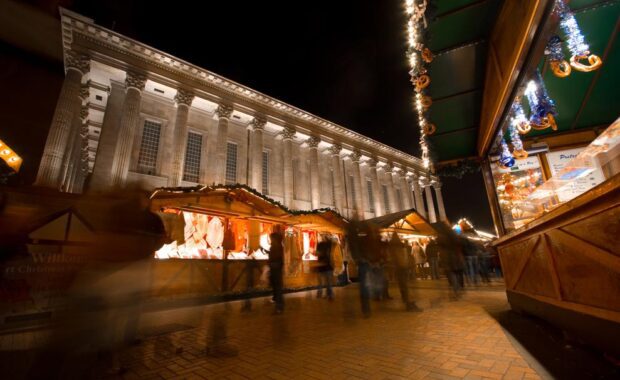 Stalls at German Christmas Market at night