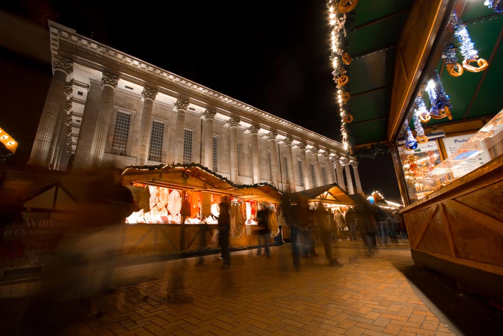 Stalls at German Christmas Market at night