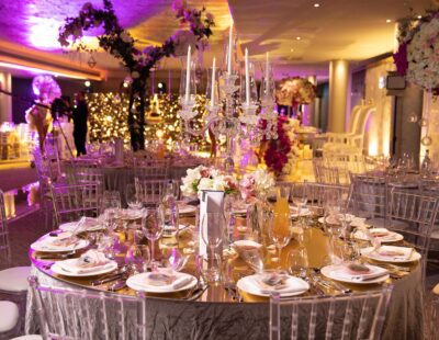 A table decorated in gold for Indian Banqueting In Birmingham at Park Regis Birmingham