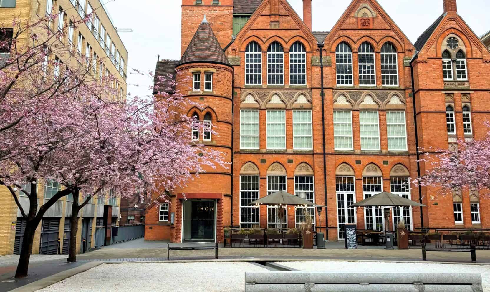 IKON Gallery in Oozells Square, Birmingham. Surrounded by cherry blossom trees.