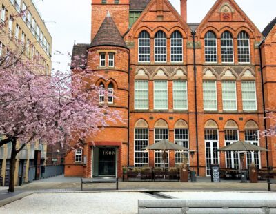 IKON Gallery in Oozells Square, Birmingham. Surrounded by cherry blossom trees.