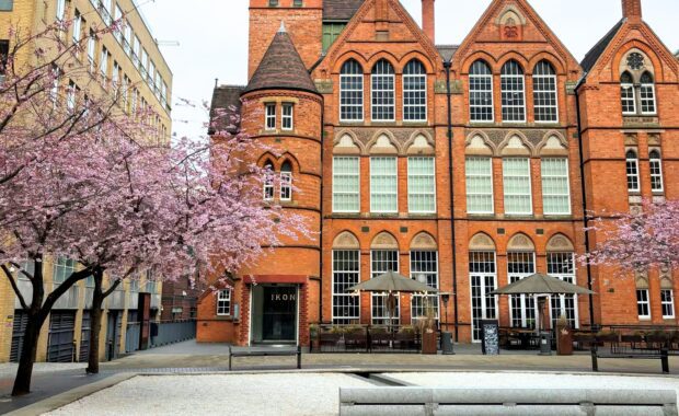 IKON Gallery in Oozells Square, Birmingham. Surrounded by cherry blossom trees.