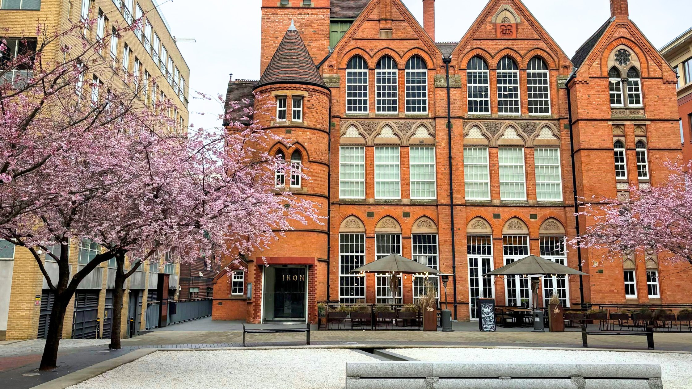 IKON Gallery in Oozells Square, Birmingham. Surrounded by cherry blossom trees.