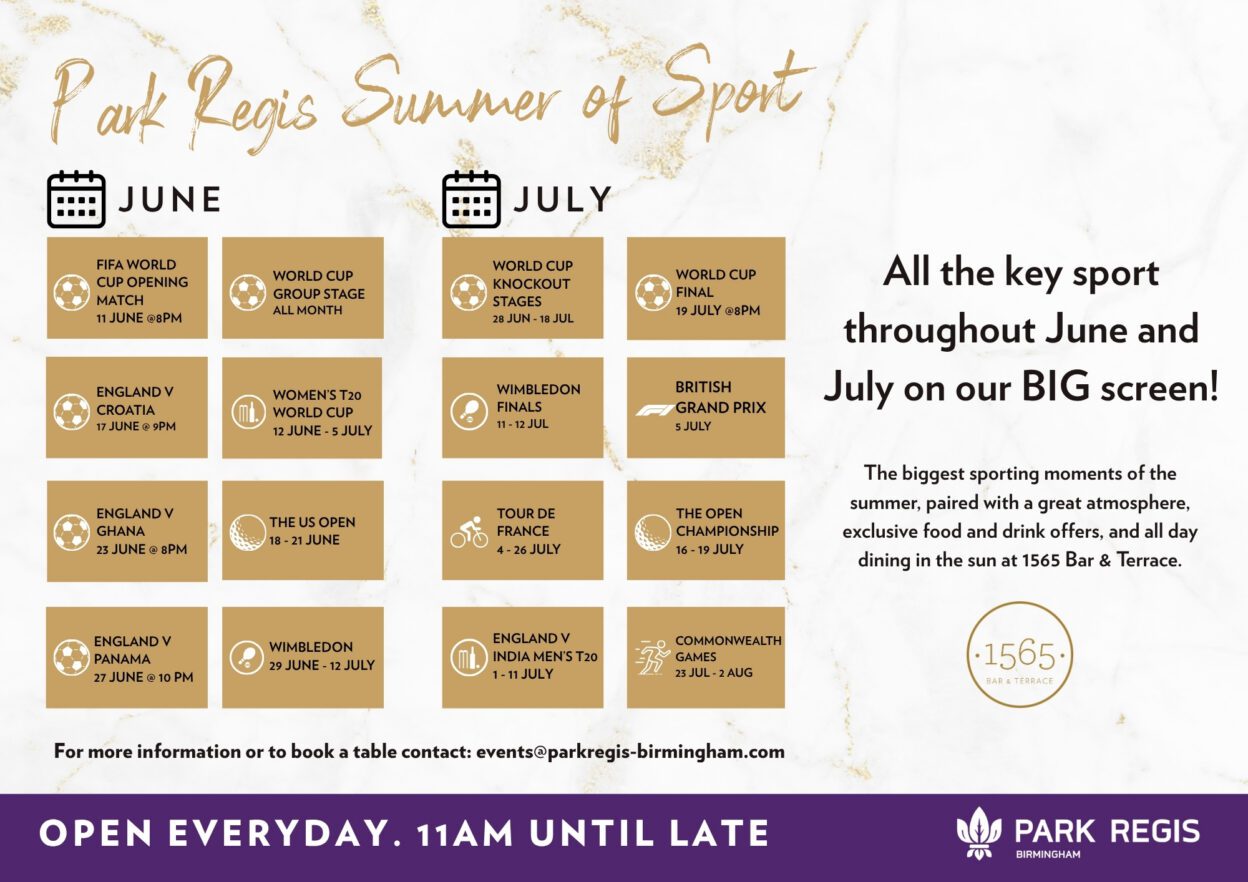 World cup dates and other major sports being shown at Park Regis Birmingham